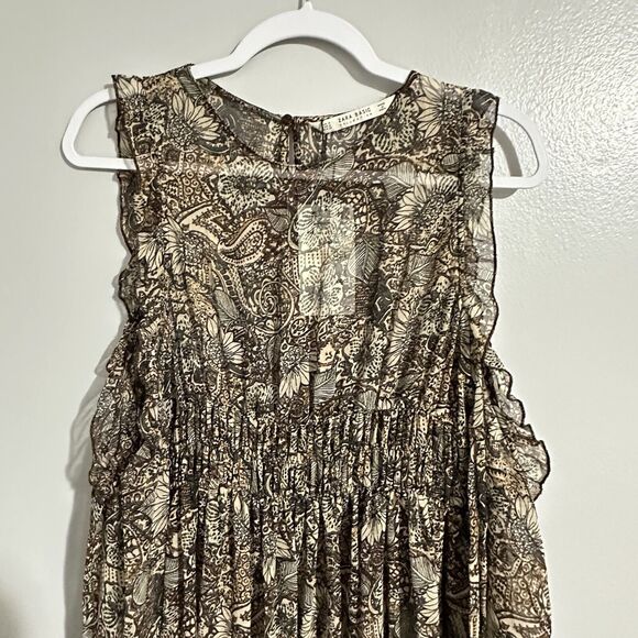 Zara Basic Collection Sz M Cold Shoulder Brown Sheer Midi Dress Floral Paisley - Picture 4 of 12
